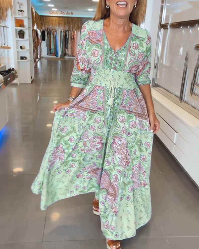 Vestido Maxi Celeste Paisley Floral Manga Globo Cintura Fruncida Borla Boho Romántico Playa Mujer