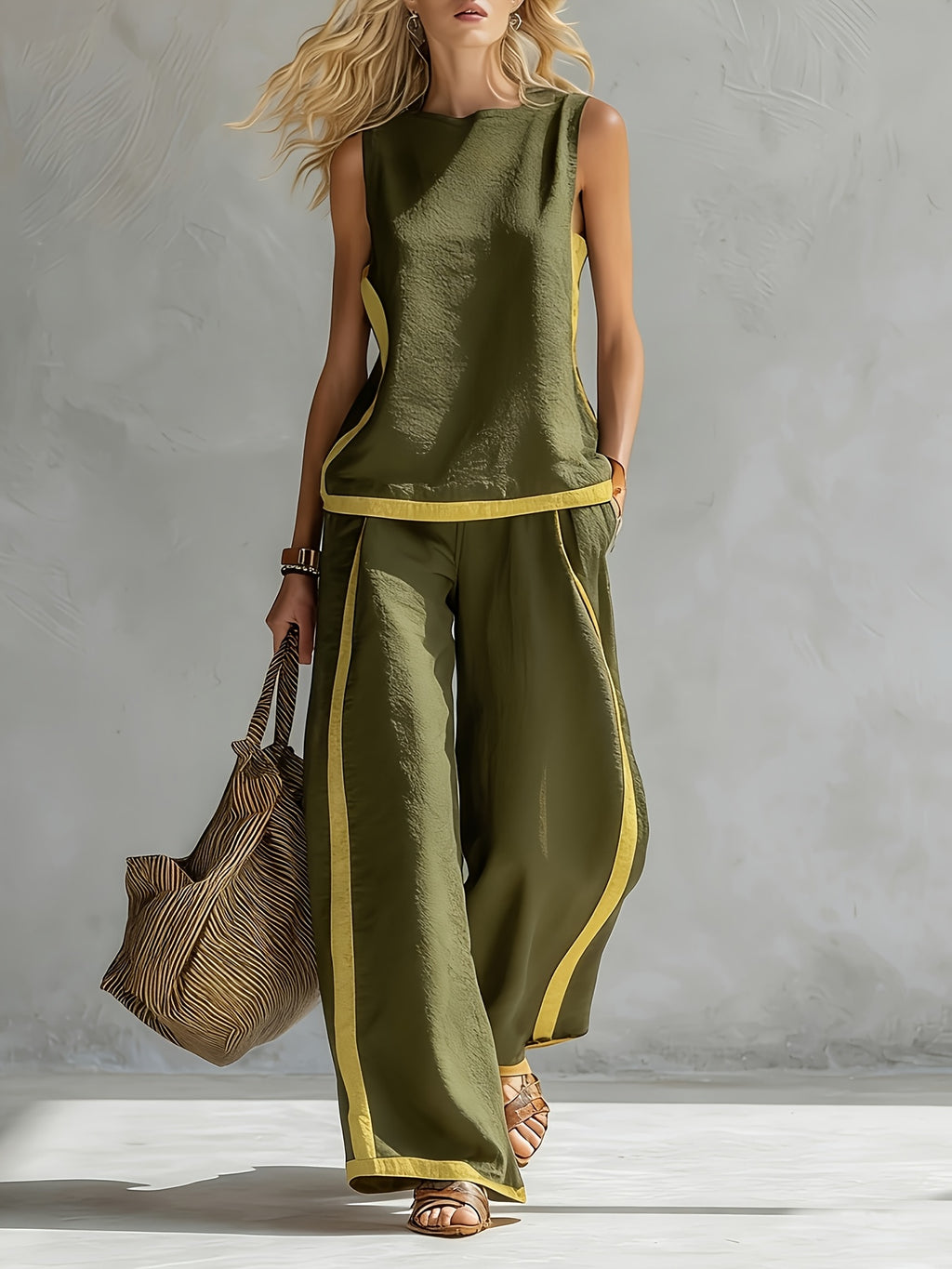 Conjunto Mujer con Pantalón Palazzo de Lino Ligero y Detalles Mostaza Casual Verano