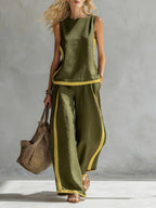 Conjunto Mujer con Pantalón Palazzo de Lino Ligero y Detalles Mostaza Casual Verano