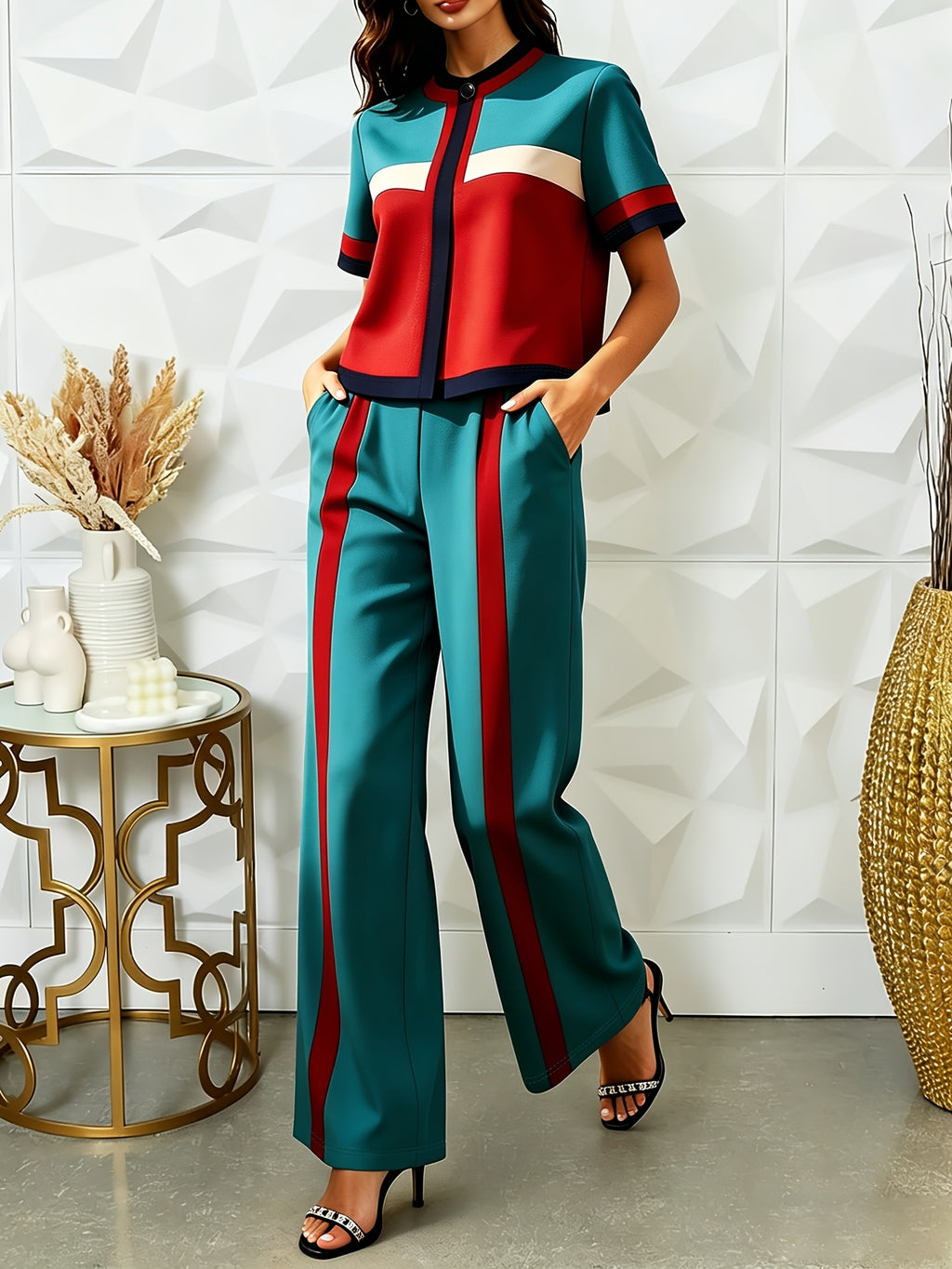 Conjunto 2 Piezas Color Block Verde Teal y Rojo Top Cropped Pantalón Recto Franja Sport Chic Mujer