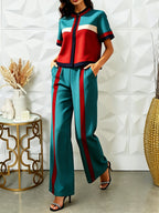 Conjunto 2 Piezas Color Block Verde Teal y Rojo Top Cropped Pantalón Recto Franja Sport Chic Mujer