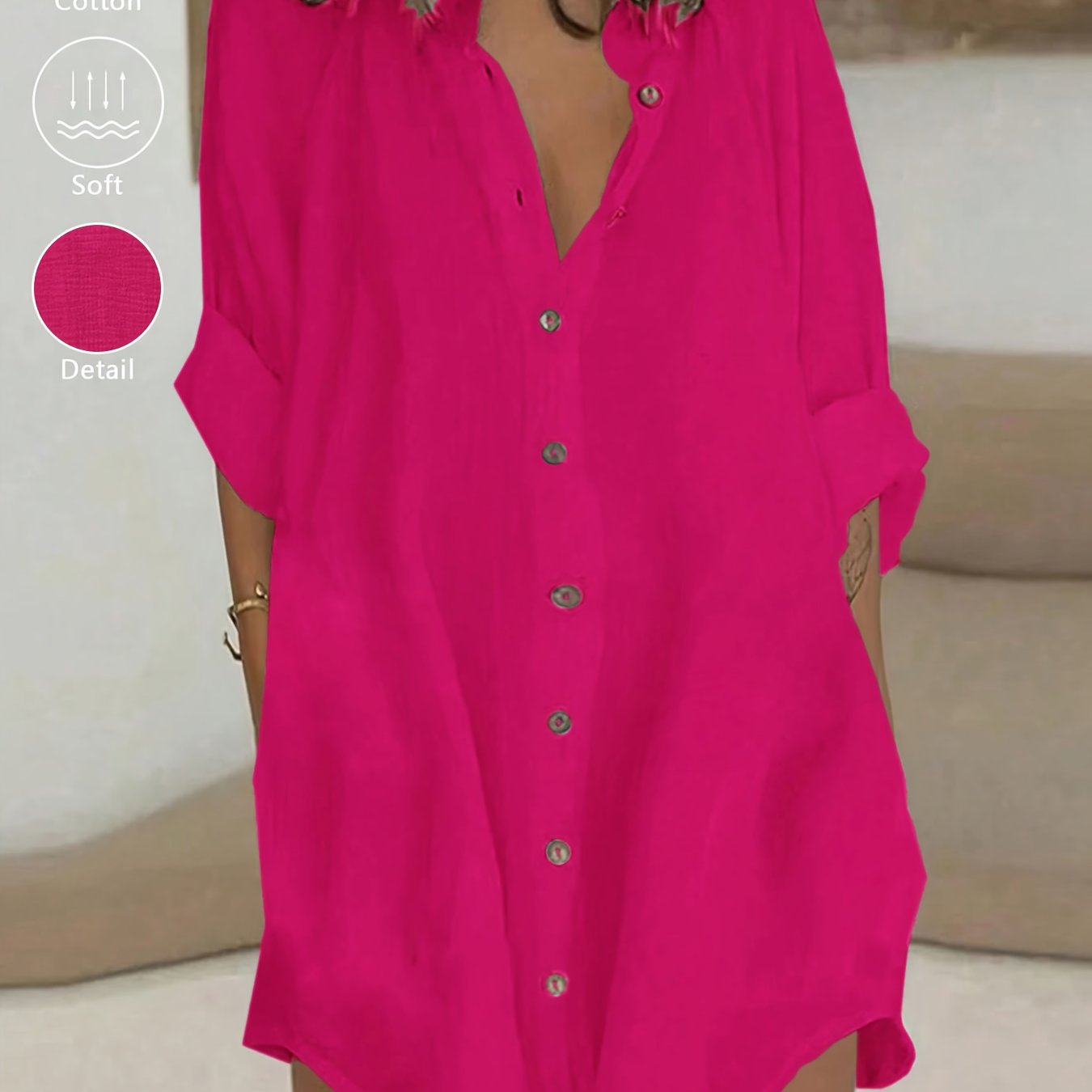 Vestido Corto Camisero Blanco Oversized con Botones Escote V Manga Larga para Playa, Verano y Vacaciones