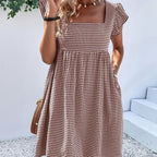 Vestido de Mujer, Vestido Corto con Cuello Cuadrado y Diseño de Cubierta a Cuadros para Vacaciones y Playa