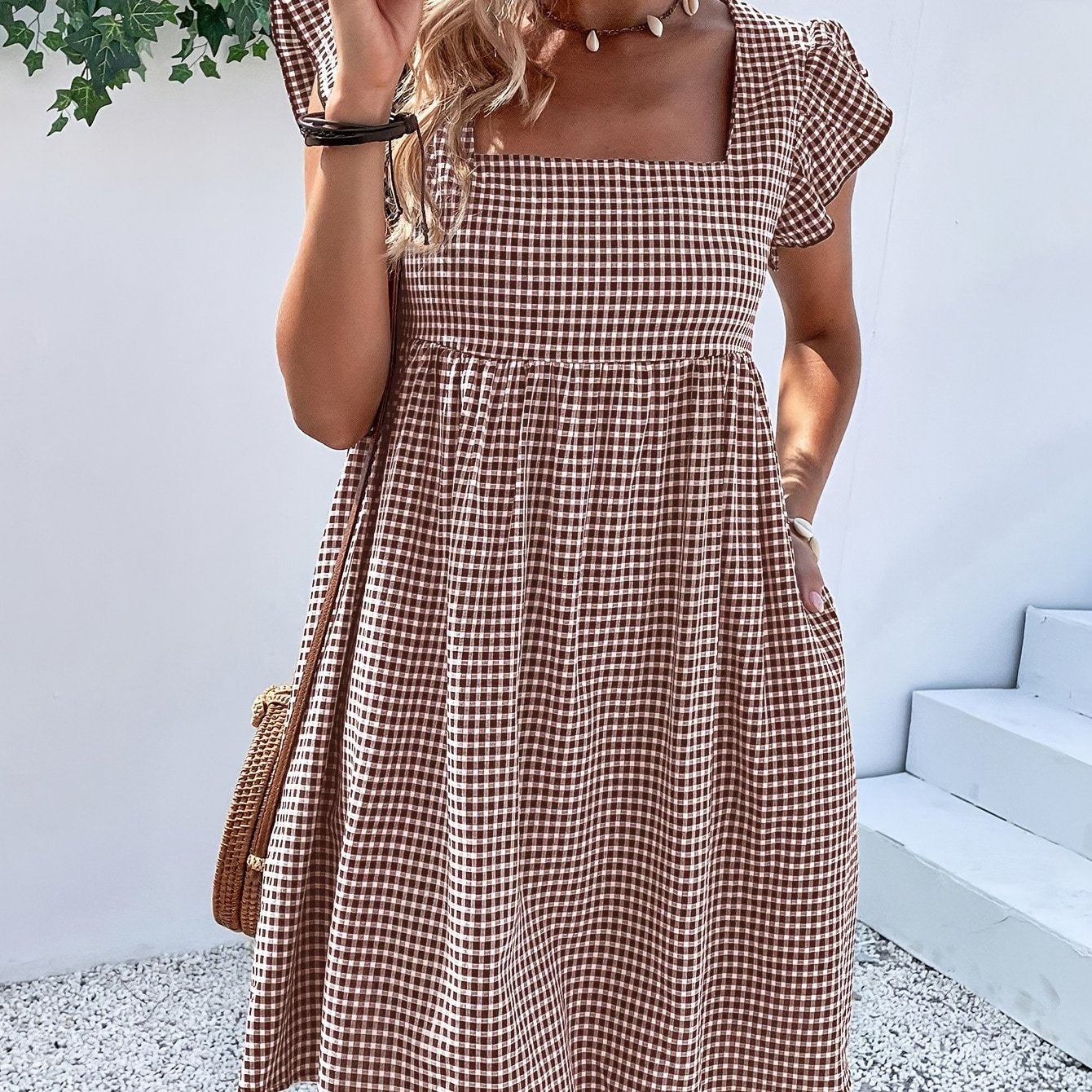 Vestido de Mujer, Vestido Corto con Cuello Cuadrado y Diseño de Cubierta a Cuadros para Vacaciones y Playa