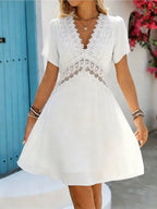 Mujer Vestido Corto Elegante De Manga Corta Con Escote en V y Detalles De Encaje De Ganchillo,Ideal Para el Verano.