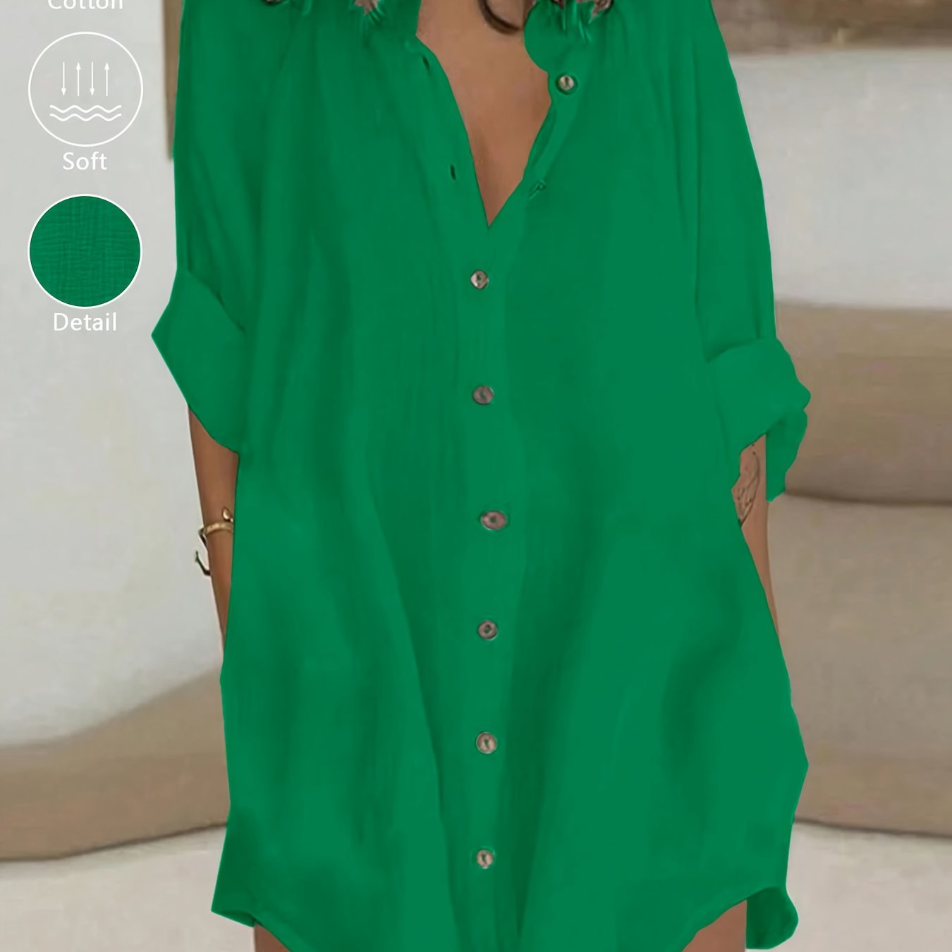 Vestido Corto Camisero Blanco Oversized con Botones Escote V Manga Larga para Playa, Verano y Vacaciones