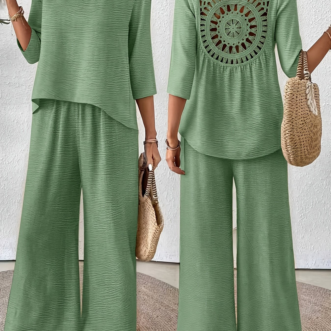 Conjunto 2 Piezas Top Crochet Espalda Manga 3/4 Pantalón Palazzo Casual Boho Mujer