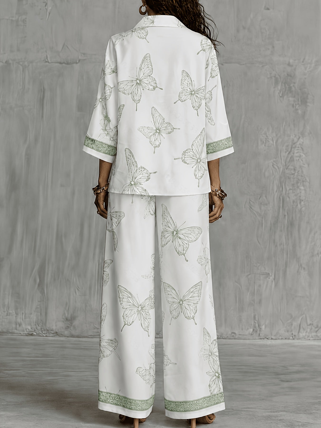 Conjunto Mujer Camisa Estampada y Pantalón Palazzo con Mariposas Casual Elegante para Vacaciones y Verano