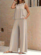 Conjunto Mujer Blusa Sin Mangas y Pantalón Palazzo Amplio Casual Cómodo para Verano, Viajes y Uso Diario