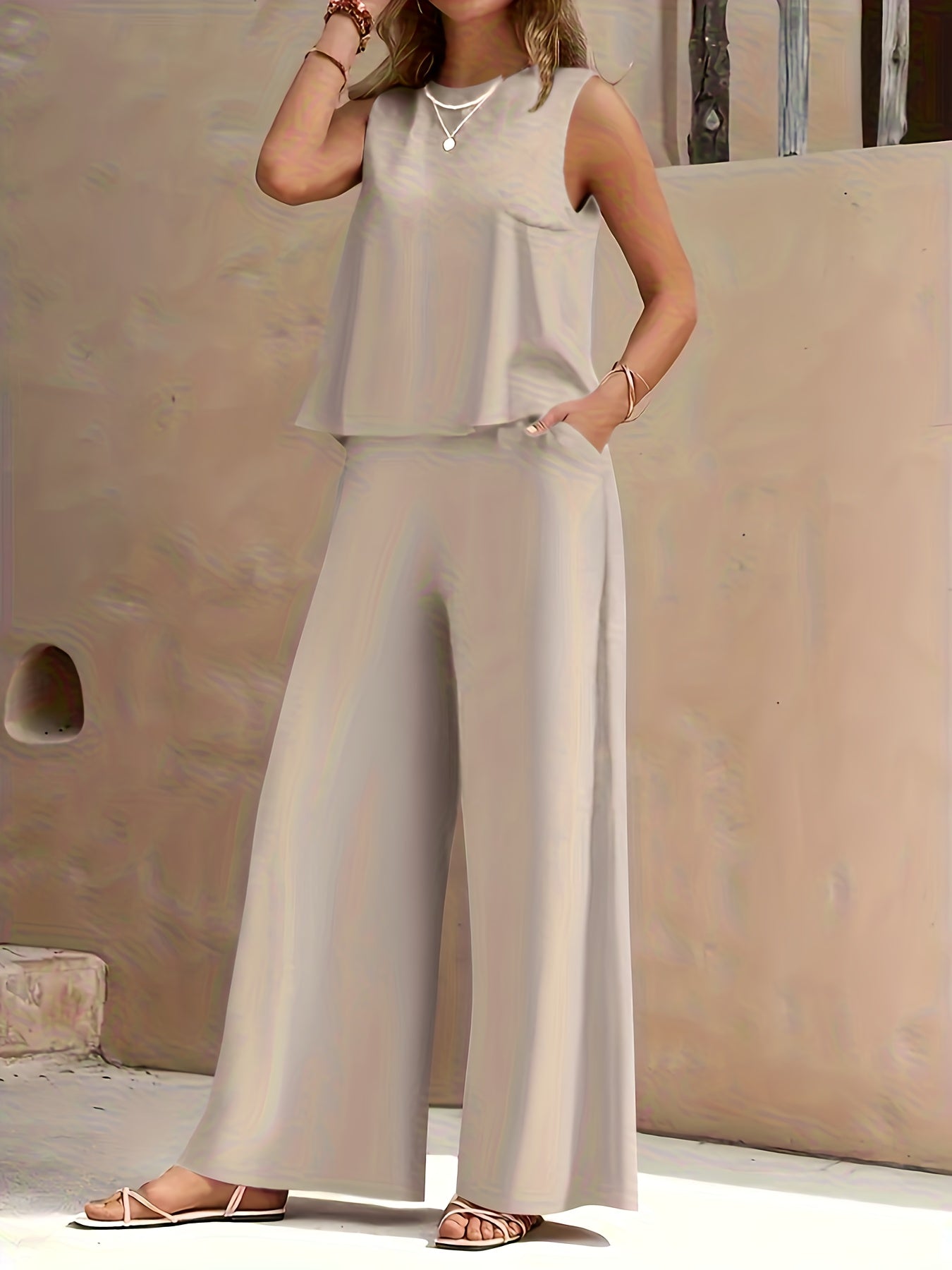 Conjunto Mujer Blusa Sin Mangas y Pantalón Palazzo Amplio Casual Cómodo para Verano, Viajes y Uso Diario