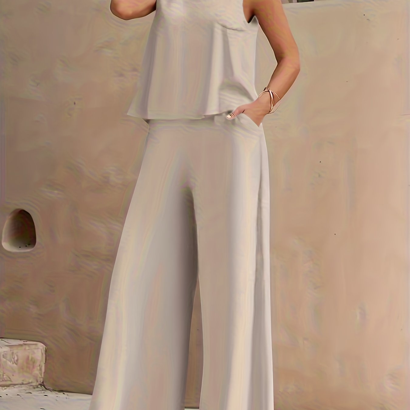Conjunto Mujer Blusa Sin Mangas y Pantalón Palazzo Amplio Casual Cómodo para Verano, Viajes y Uso Diario