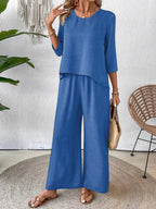 Conjunto 2 Piezas Top Crochet Espalda Manga 3/4 Pantalón Palazzo Casual Boho Mujer