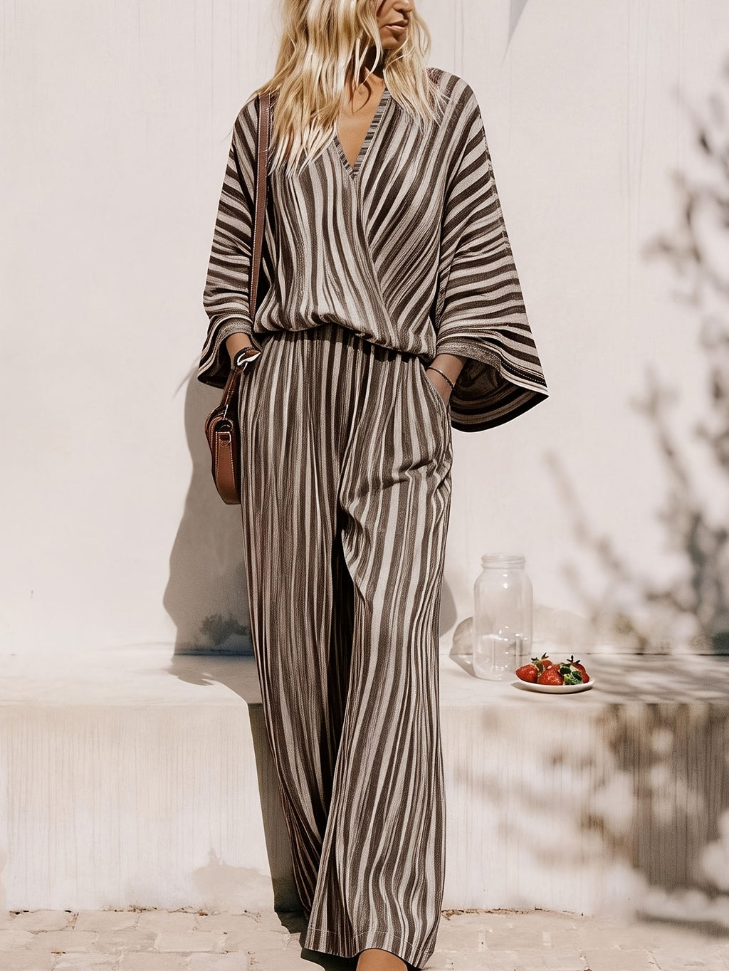 Mono Largo Mujer Rayas Azul Cielo y Blanco Escote Cruzado Casual Resort con Bolsillos