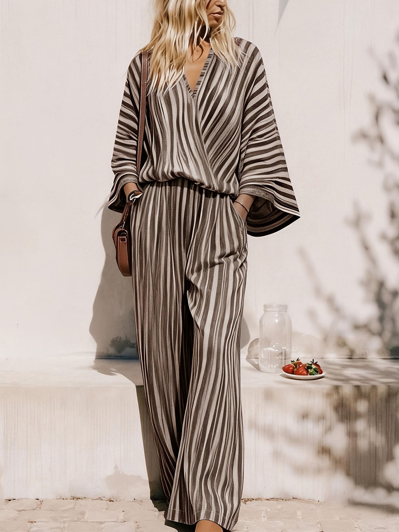 Mono Largo Mujer Rayas Azul Cielo y Blanco Escote Cruzado Casual Resort con Bolsillos