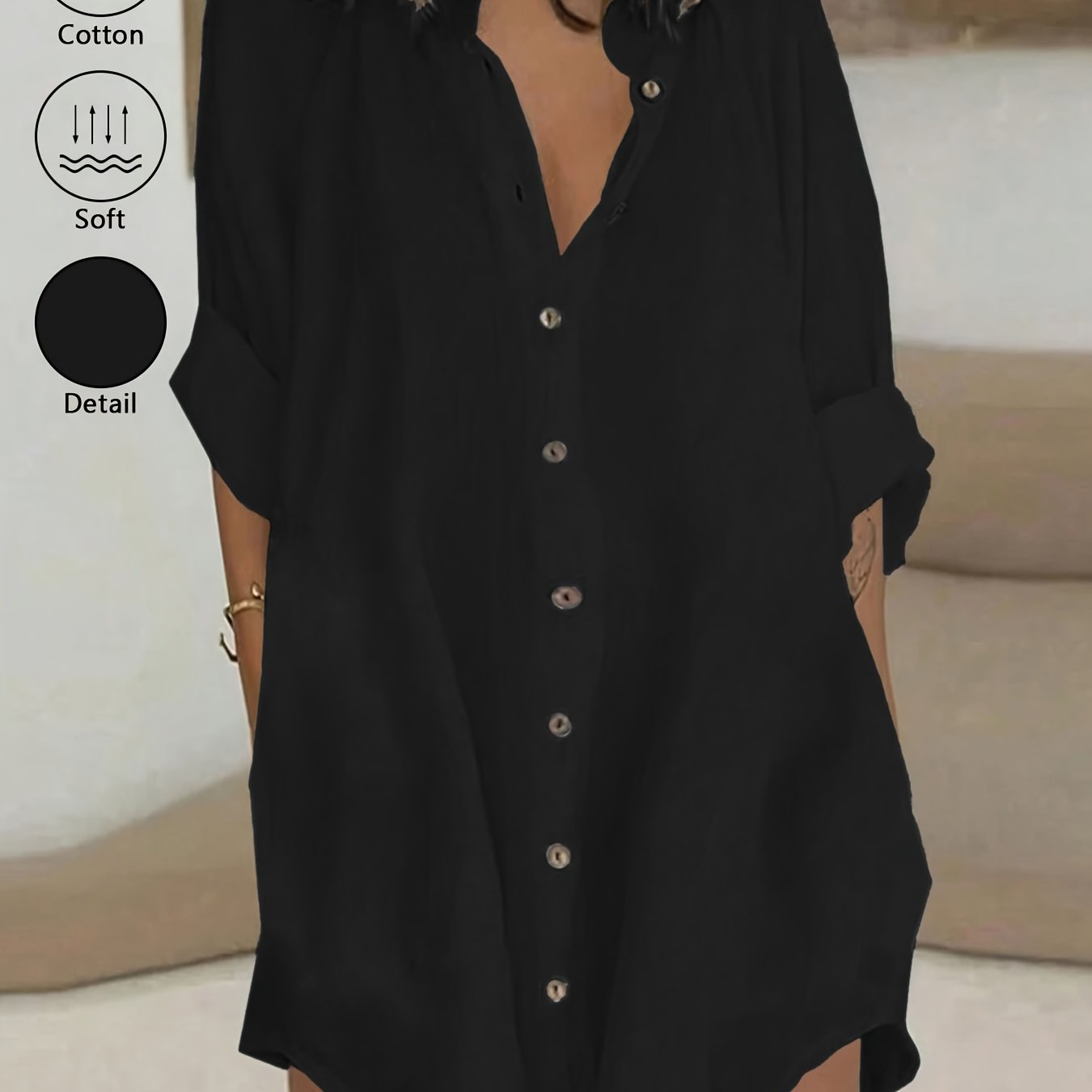 Vestido Corto Camisero Blanco Oversized con Botones Escote V Manga Larga para Playa, Verano y Vacaciones