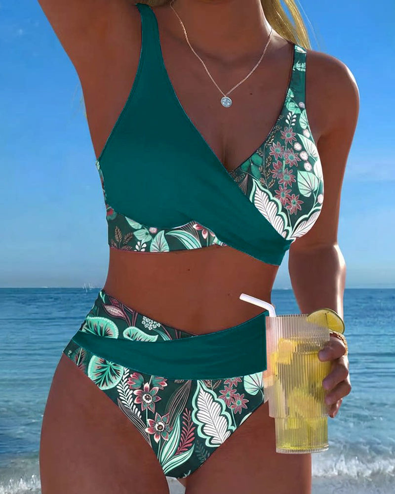 Bikini Mujer Estampado Floral Tropical con Escote Cruzado y Cintura Media para Playa Verano