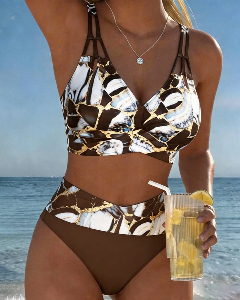 Bikini 2 Piezas Estampado Mármol Dorado Negro Tirantes Dobles Cruzados Top Triángulo Playa Mujer