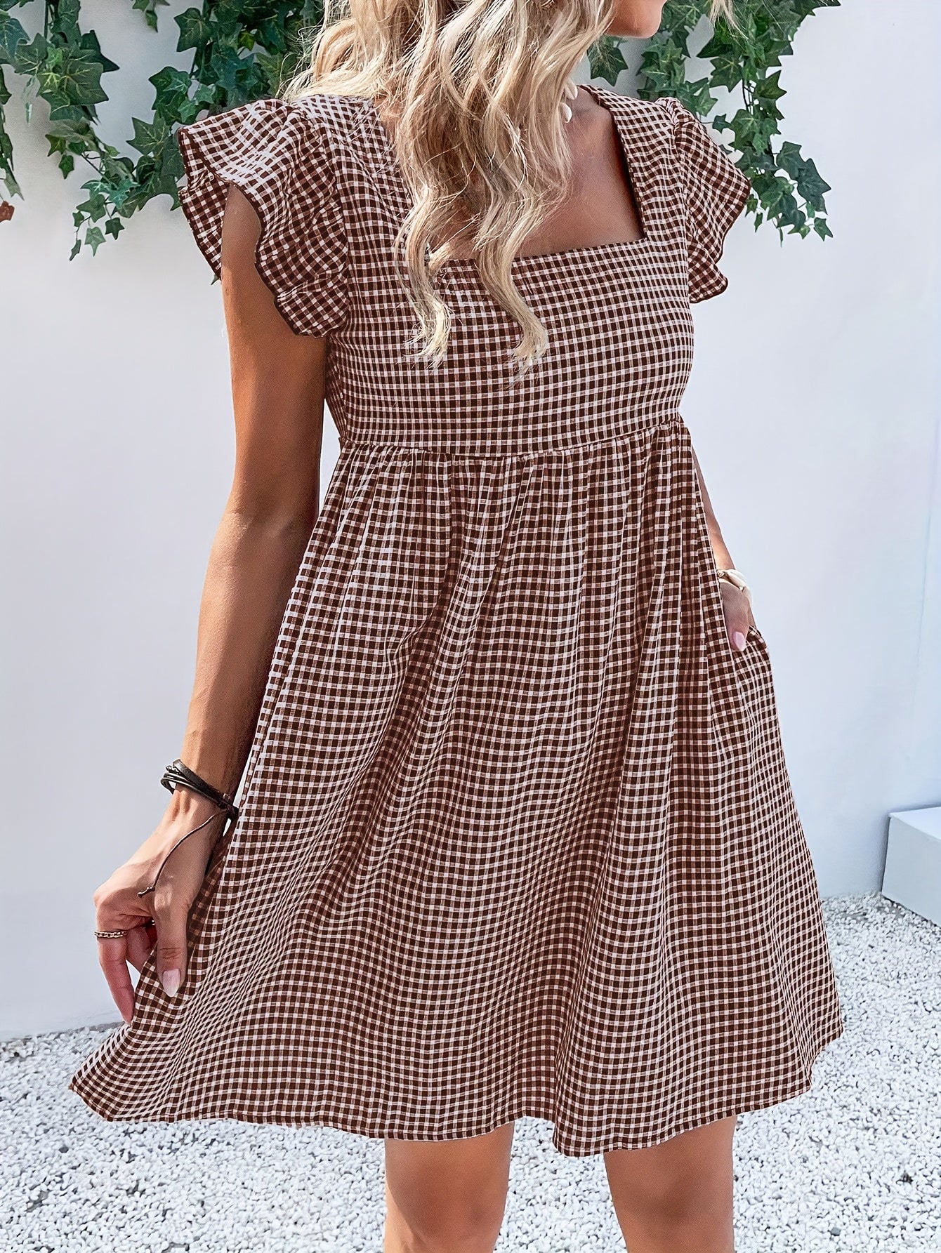 Vestido de Mujer, Vestido Corto con Cuello Cuadrado y Diseño de Cubierta a Cuadros para Vacaciones y Playa
