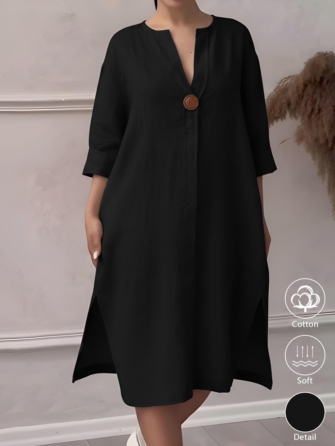 MANAIXUAN Vestido elegante para mujer 100% con cuello en V y botones al frente - Vestido midi de corte recto con mangas de tres cuartos, ajuste holgado y cuello con botones, adecuado para desplazamientos casuales, oficina y uso diario, vestido de color li