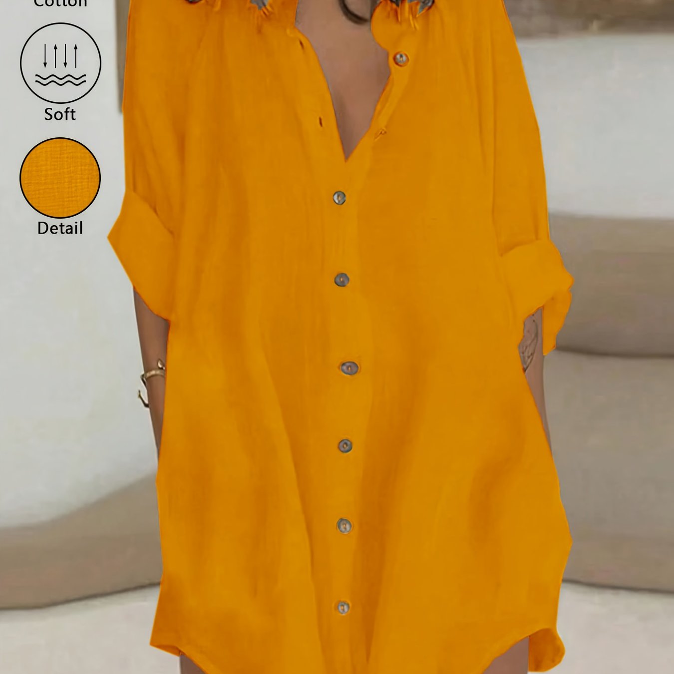 Vestido Corto Camisero Blanco Oversized con Botones Escote V Manga Larga para Playa, Verano y Vacaciones