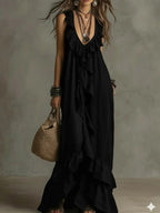 Vestido Maxi Negro Volantes Escote V Profundo Sin Manga Boho Chic Playa Noche Mujer Elegante