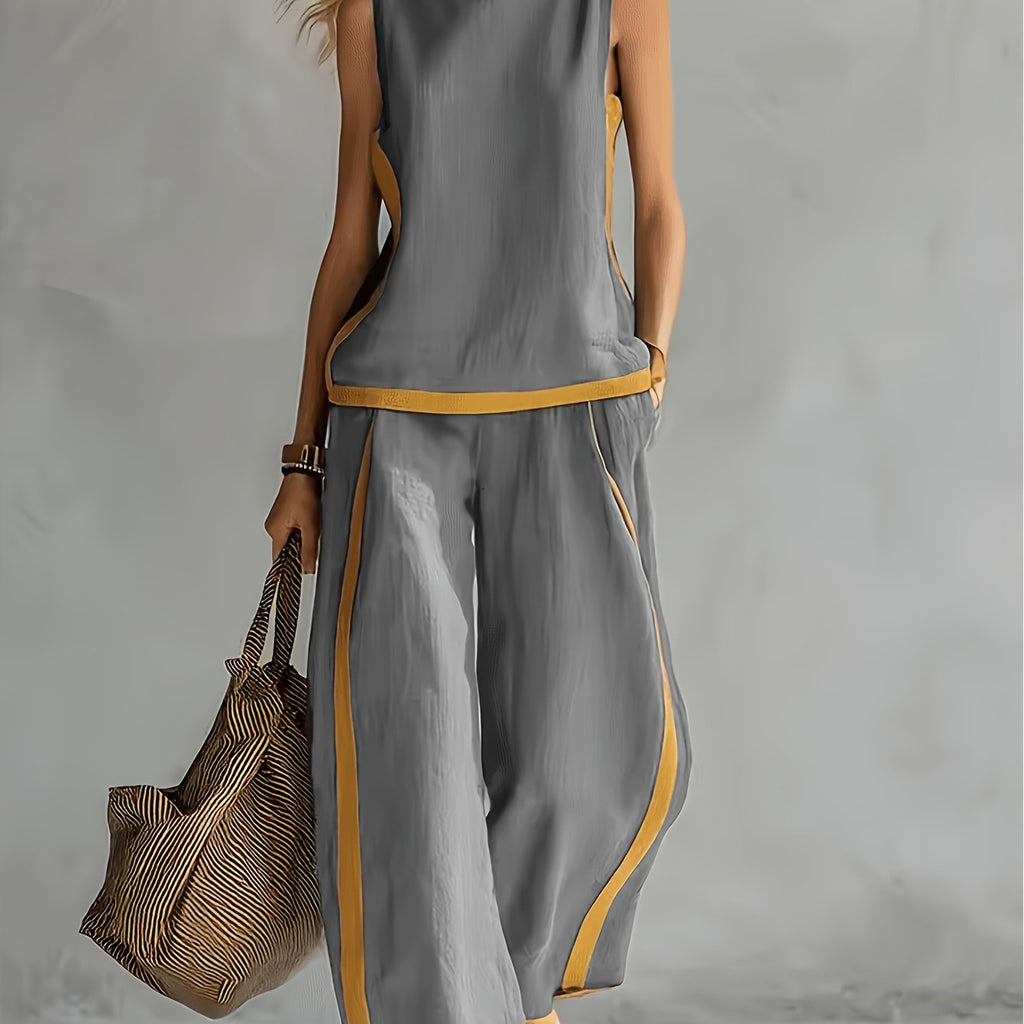 Conjunto 2 Piezas Gris Top Sin Manga y Pantalón Palazzo Ribete Mostaza Lino Casual Chic Mujer