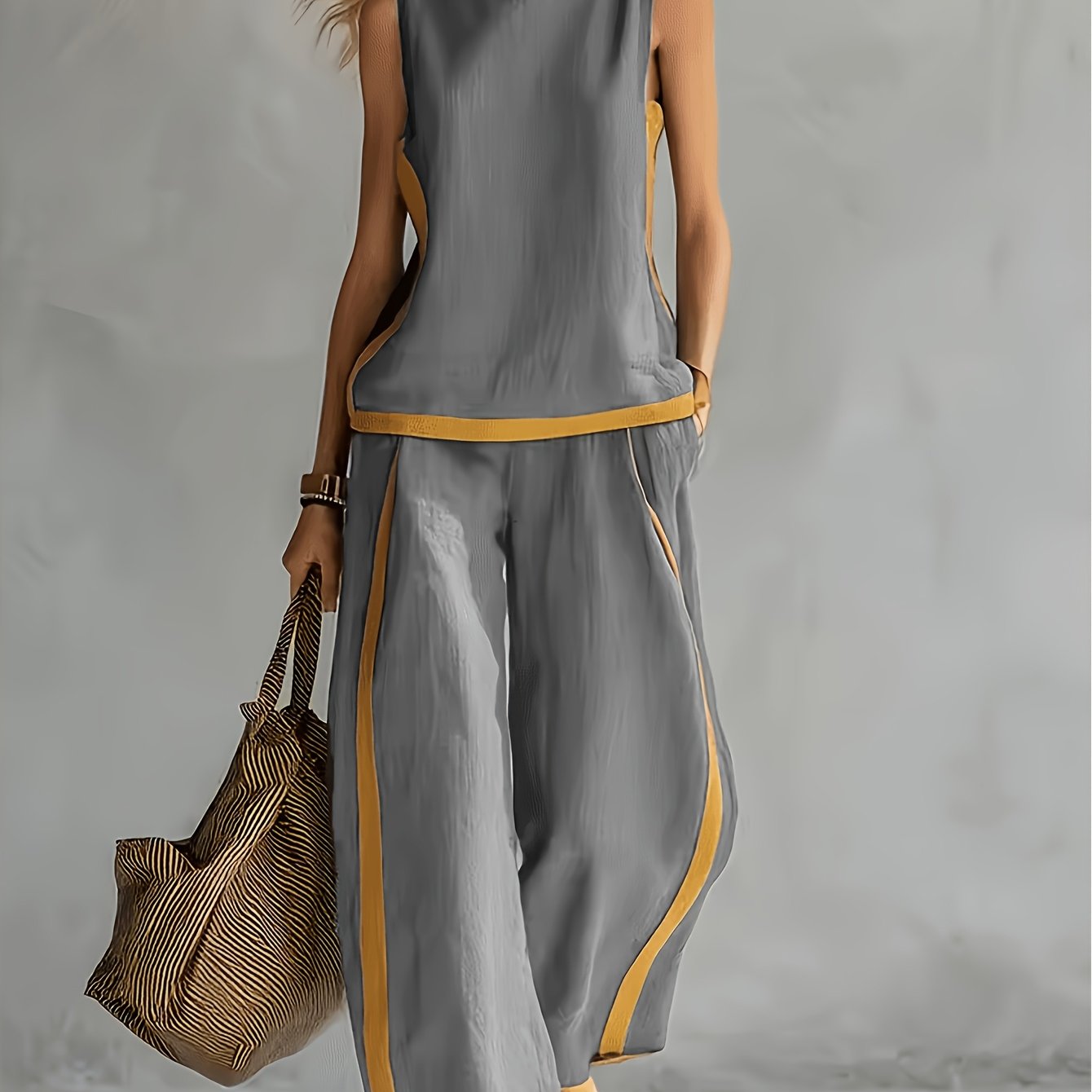 Conjunto 2 Piezas Gris Top Sin Manga y Pantalón Palazzo Ribete Mostaza Lino Casual Chic Mujer