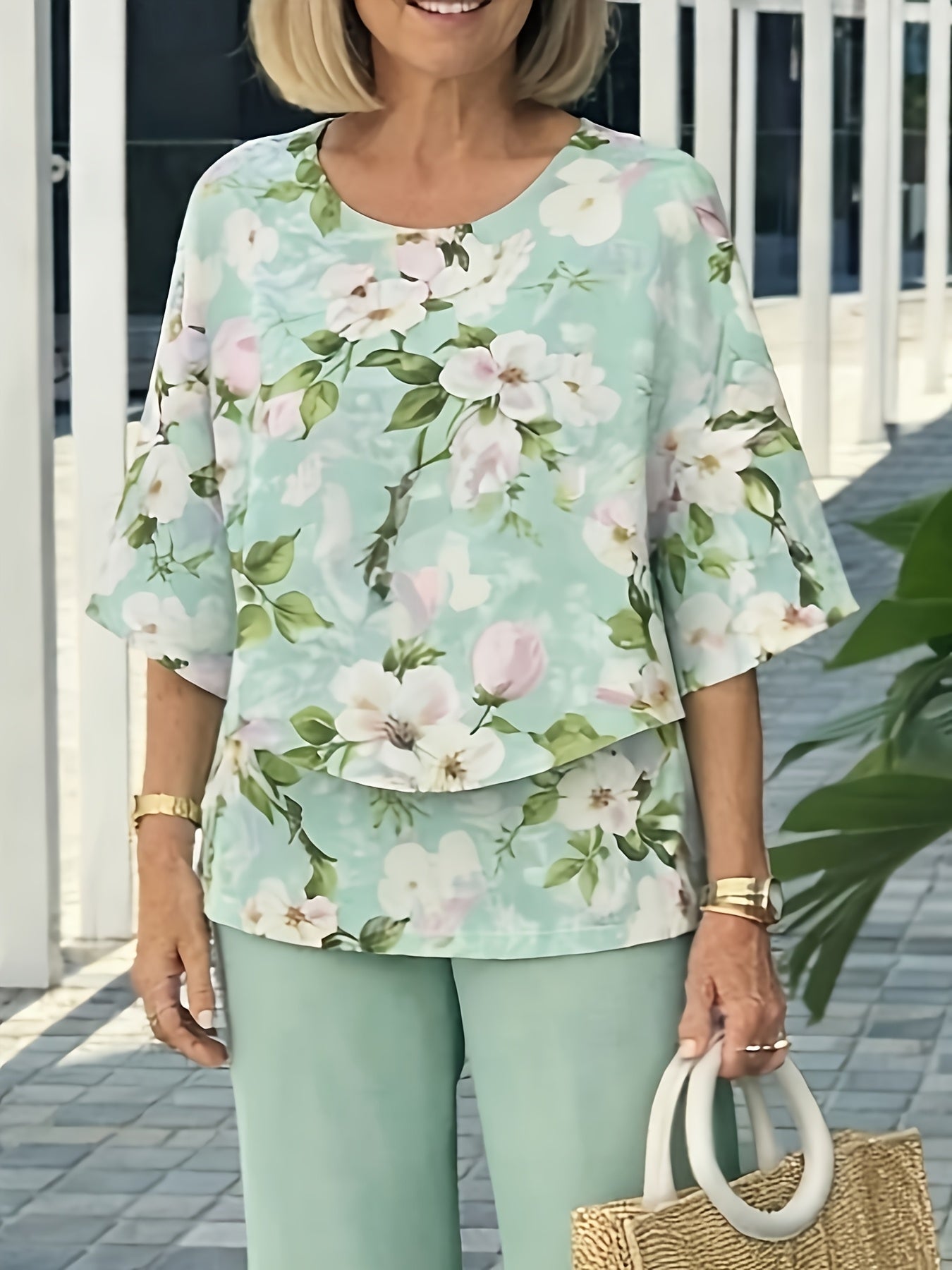 Conjunto 2 Piezas Verde Menta Blusa Floral Manga 3/4 y Pantalón Palazzo Casual Elegante Mujer
