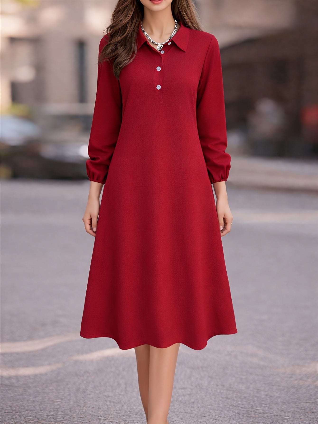 Vestido Midi Camisero Manga Larga Elegante para Oficina y Uso Casual