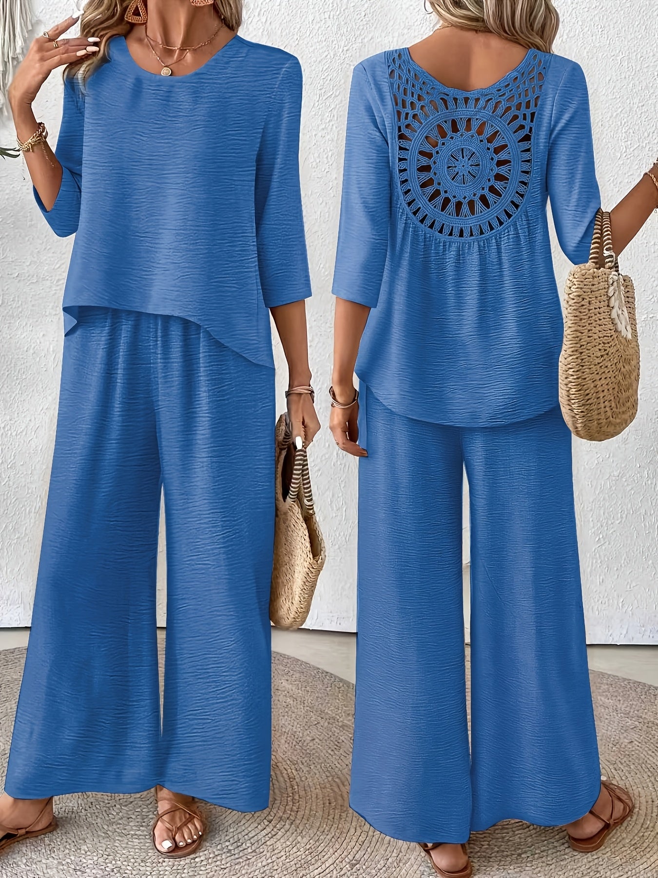 Conjunto 2 Piezas Top Crochet Espalda Manga 3/4 Pantalón Palazzo Casual Boho Mujer