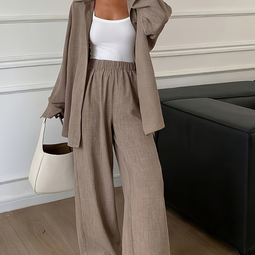 Conjunto Mujer Camisa Oversize y Pantalón Palazzo Casual Elegante de Lino para Oficina, Viaje y Verano