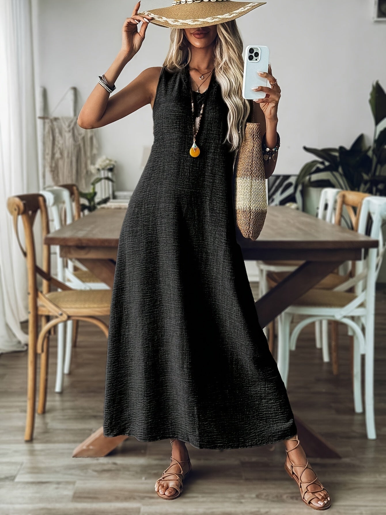 Vestido Largo Sin Mangas Terracota Casual Elegante de Lino Suelto para Verano Mujer