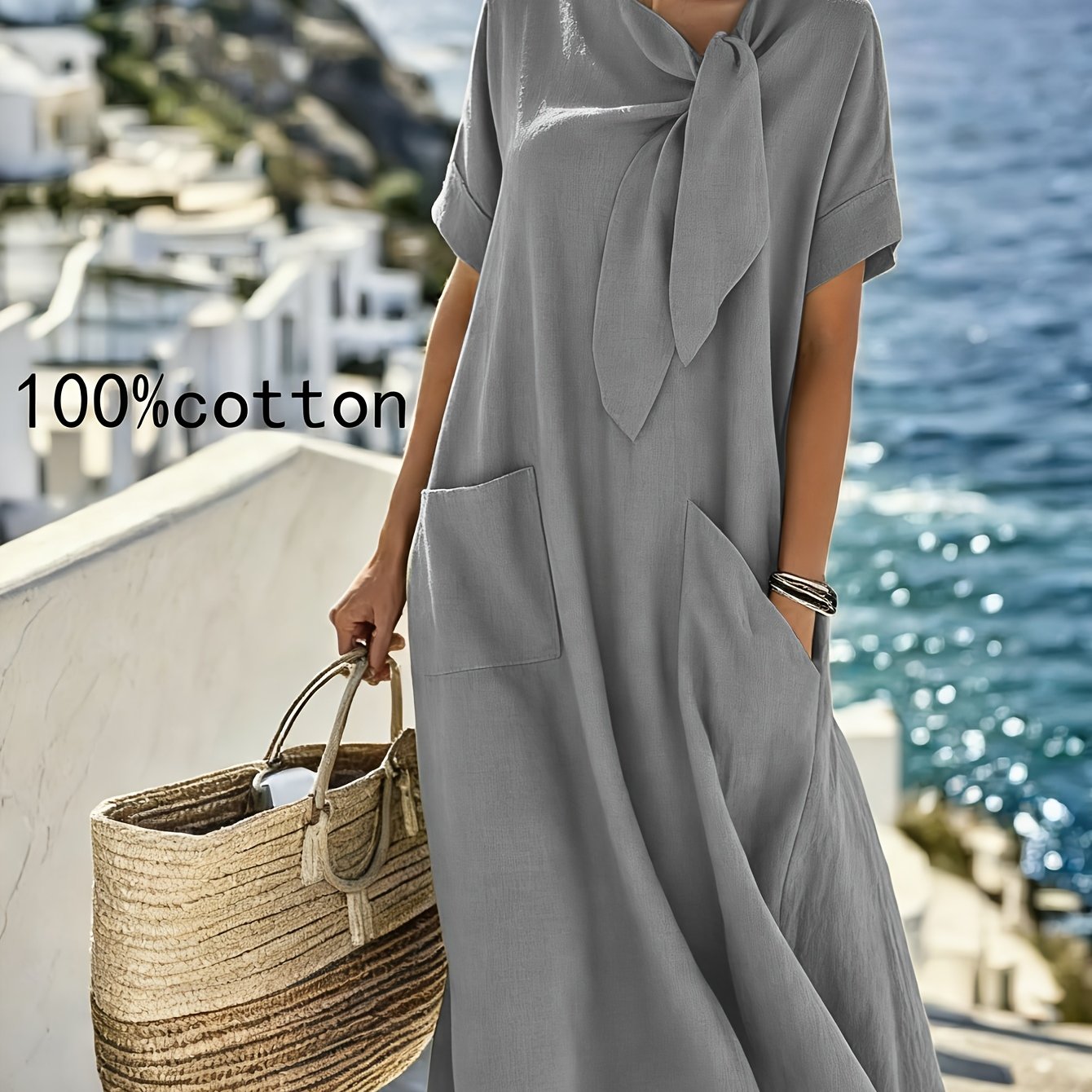 Vestido Midi Negro 100% Algodón Manga Corta Lazo Frontal con Bolsillos Casual Elegante Mujer