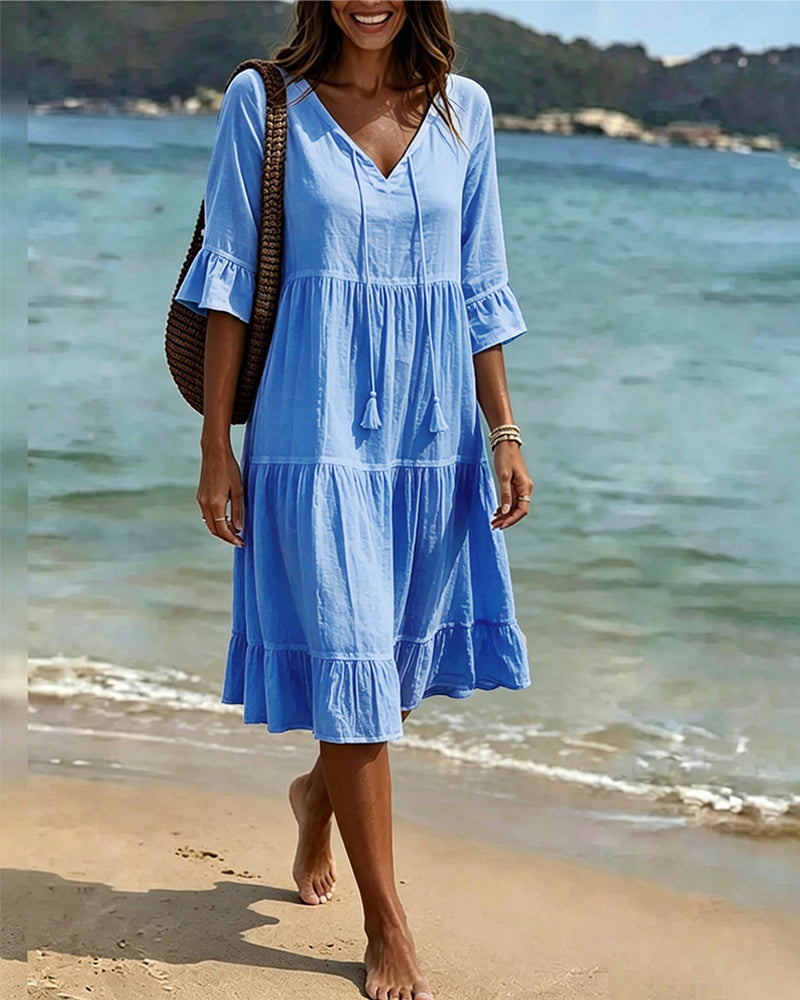 Vestido Midi Holgado con Escote V Manga 3/4 Estilo Playero Casual para Mujer con Volantes y Cordones