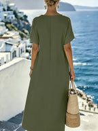 Vestido Midi Negro 100% Algodón Manga Corta Lazo Frontal con Bolsillos Casual Elegante Mujer