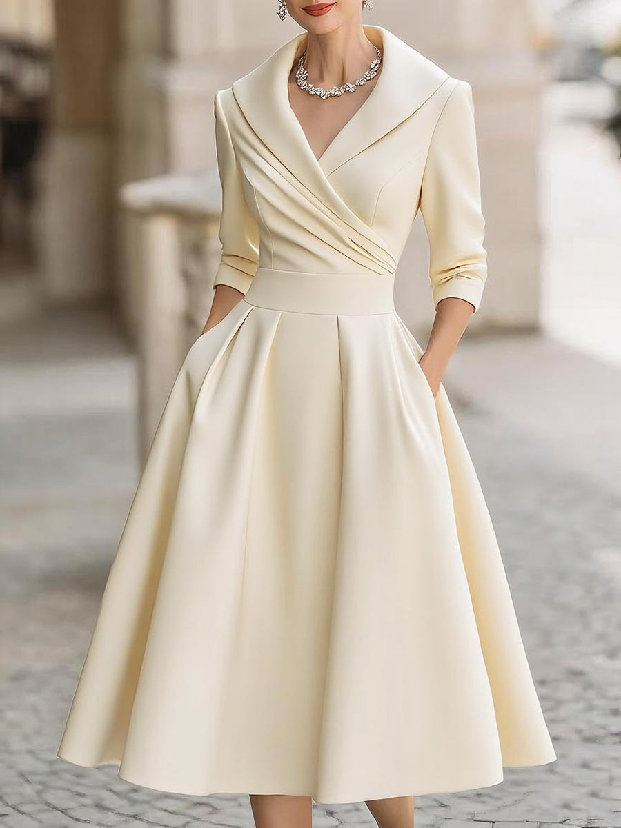 Vestido Midi Elegante Negro con Cuello Solapa Cruzado Manga 3/4 para Eventos y Ocasiones Formales