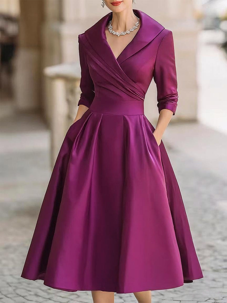 Vestido Midi Elegante Negro con Cuello Solapa Cruzado Manga 3/4 para Eventos y Ocasiones Formales