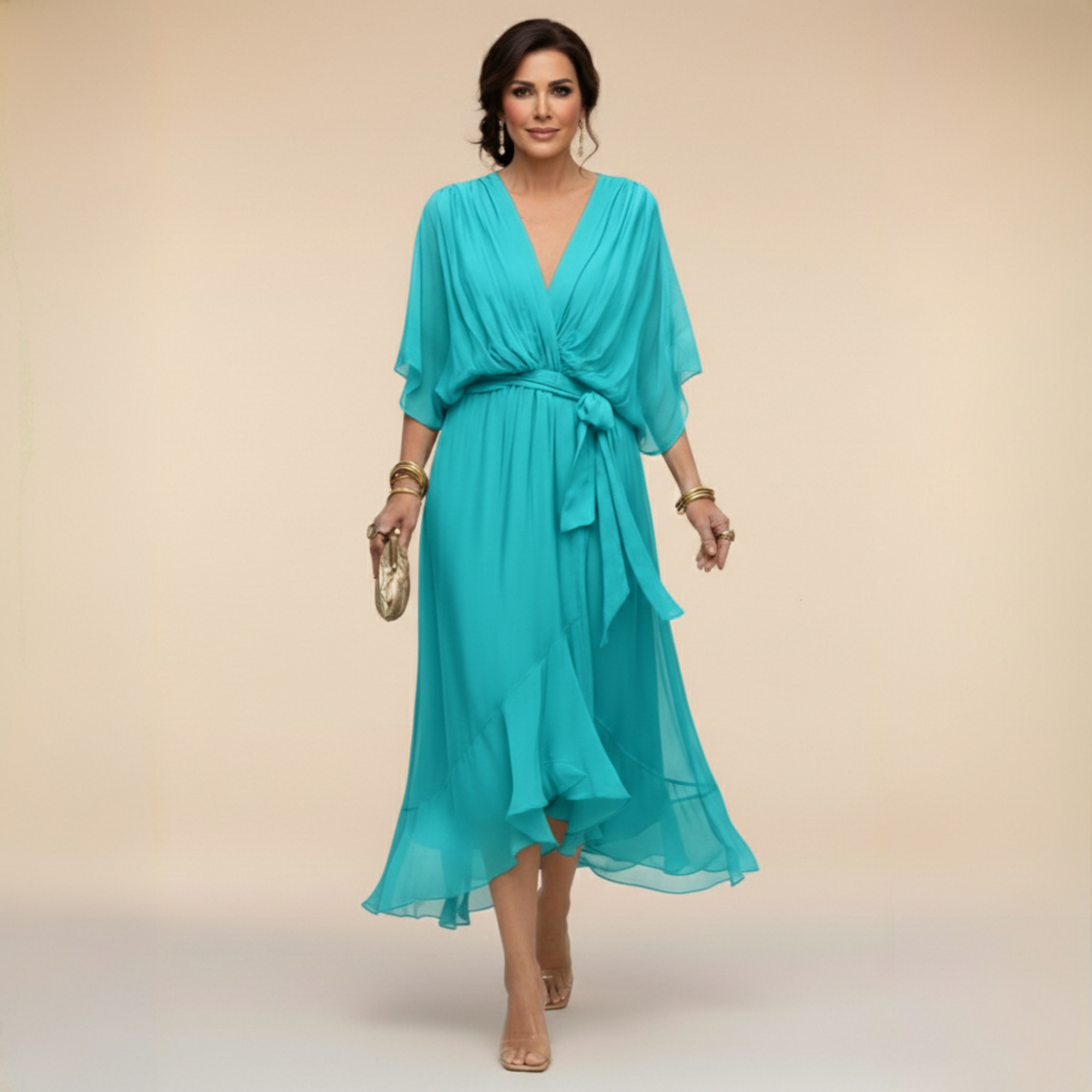 Vestido Midi Femenino Elegante con Escote en V y Cinturón para Fiesta