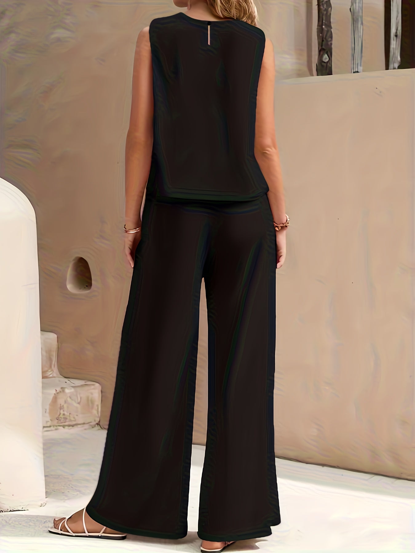 Conjunto Mujer Blusa Sin Mangas y Pantalón Palazzo Amplio Casual Cómodo para Verano, Viajes y Uso Diario