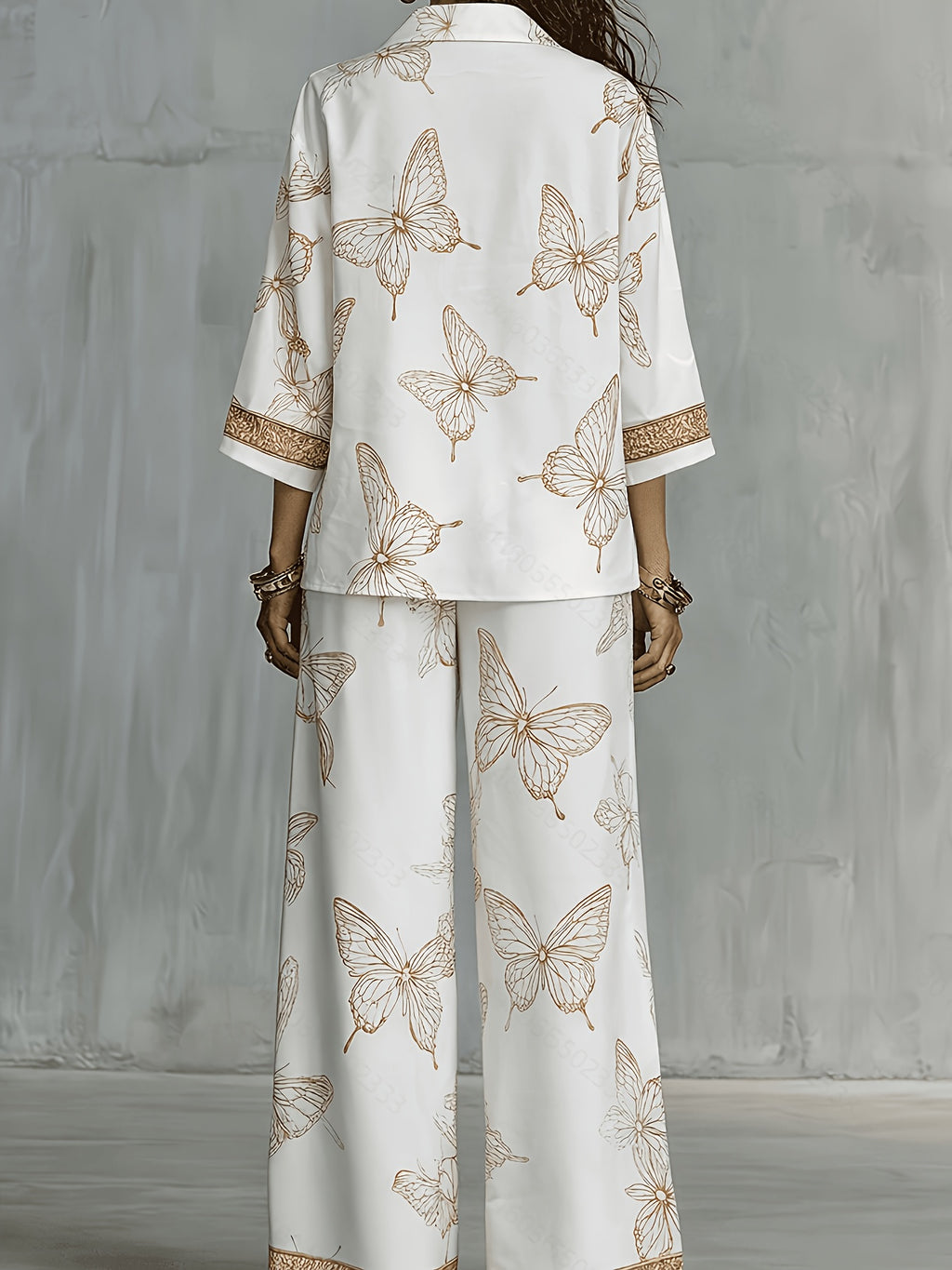 Conjunto Mujer Camisa Estampada y Pantalón Palazzo con Mariposas Casual Elegante para Vacaciones y Verano