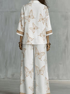Conjunto Mujer Camisa Estampada y Pantalón Palazzo con Mariposas Casual Elegante para Vacaciones y Verano