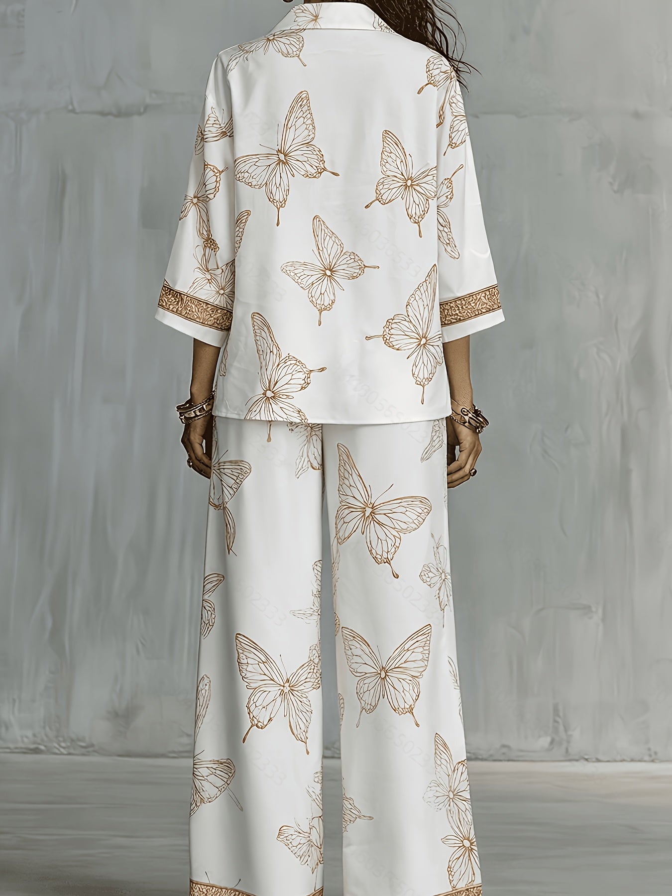 Conjunto Mujer Camisa Estampada y Pantalón Palazzo con Mariposas Casual Elegante para Vacaciones y Verano