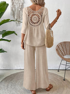 Conjunto 2 Piezas Top Crochet Espalda Manga 3/4 Pantalón Palazzo Casual Boho Mujer