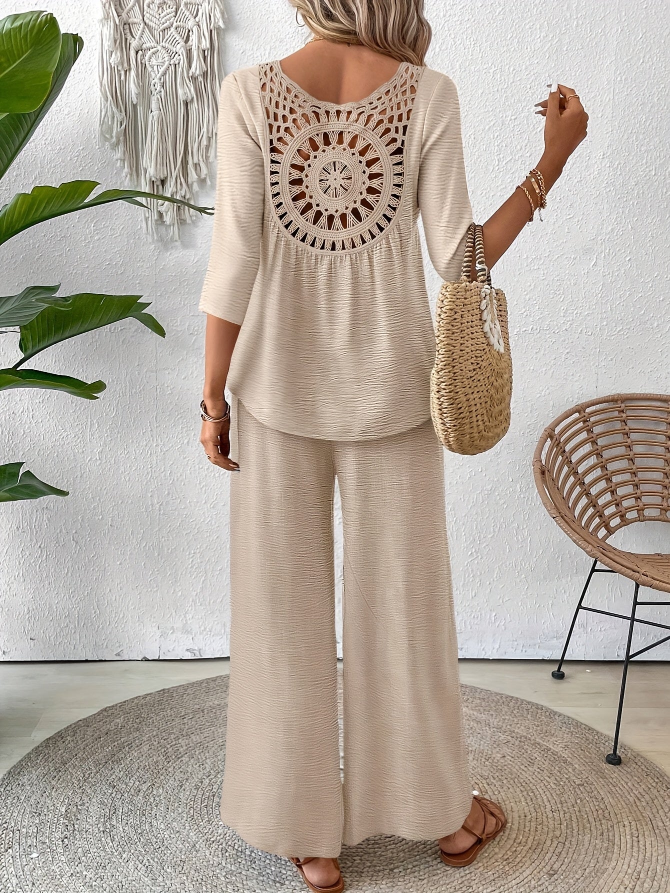 Conjunto 2 Piezas Top Crochet Espalda Manga 3/4 Pantalón Palazzo Casual Boho Mujer