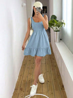 Vestido Corto Casual Sin Mangas Vino Corte Babydoll con Volante Ligero para Mujer