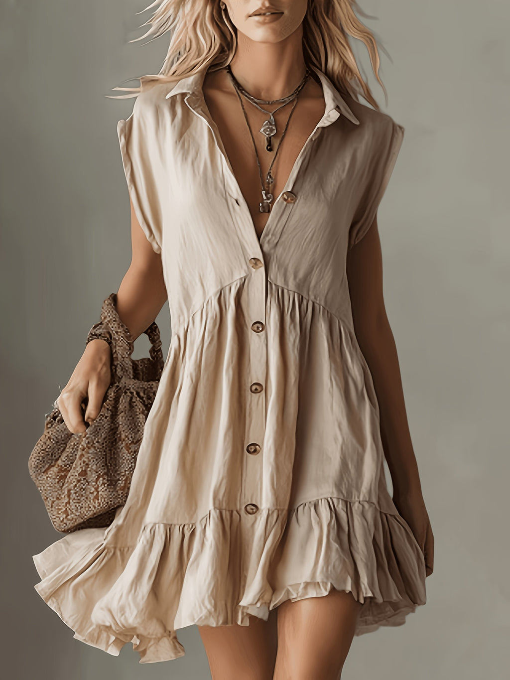 Vestido mini elegante y cómodo para mujer, color albaricoque, hombros anchos, sin mangas, moda especial