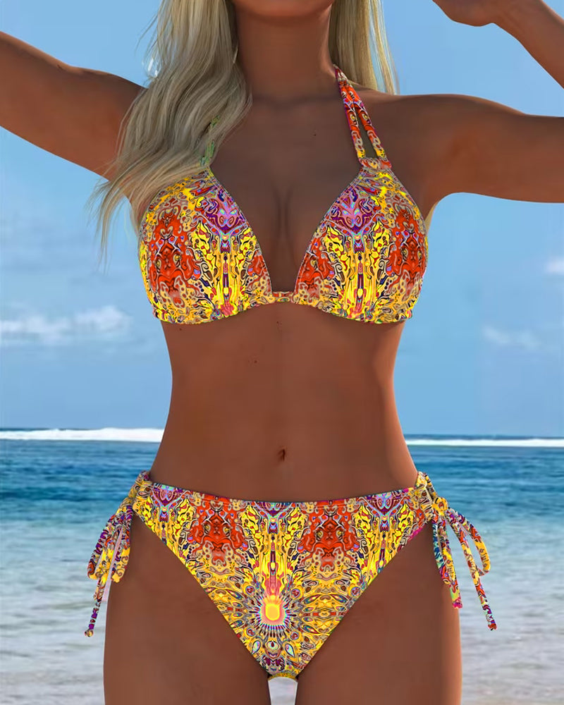 Bikini Mujer Estampado Psicodélico con Top Triángulo y Lazos Ajustables para Playa Verano