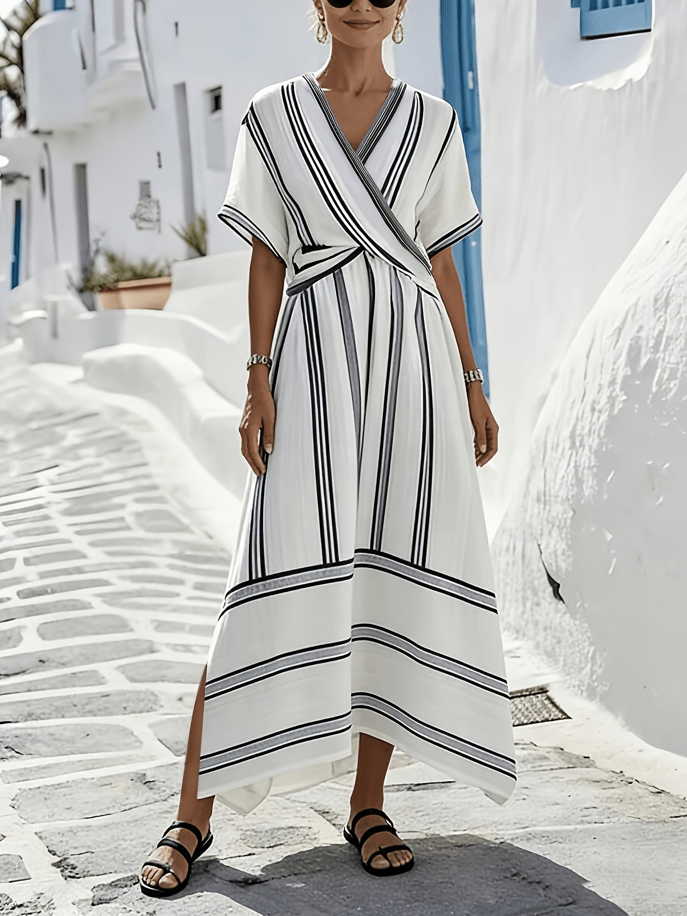 Vestido Maxi Cruzado Rayado Blanco Estilo Playero para Vacaciones con Escote V y Corte Fluido