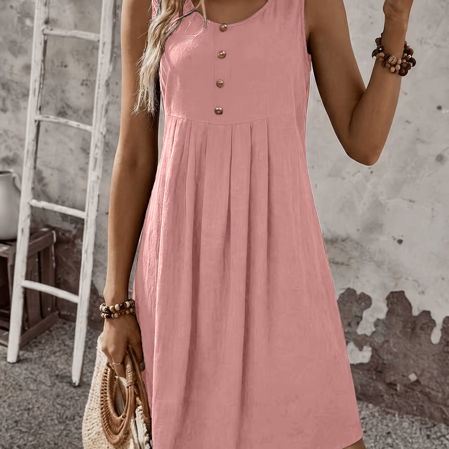 Vestido Corto Sin Mangas Rosa Casual de Verano con Botones Decorativos Corte Suelto A-Line
