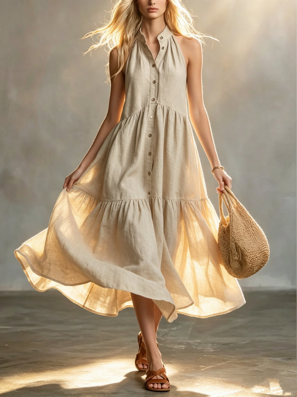 Vestido Maxi Beige Lino Sin Manga Halter Botones Falda Escalonada Boho Casual Playa Mujer